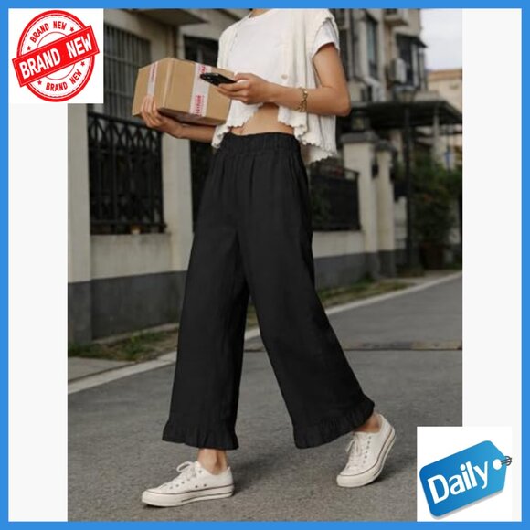 High Waist Wide Leg Pants Ruffle Hem Casual Cropped Trousers Lightweight Lounge - Picture 4 of 5